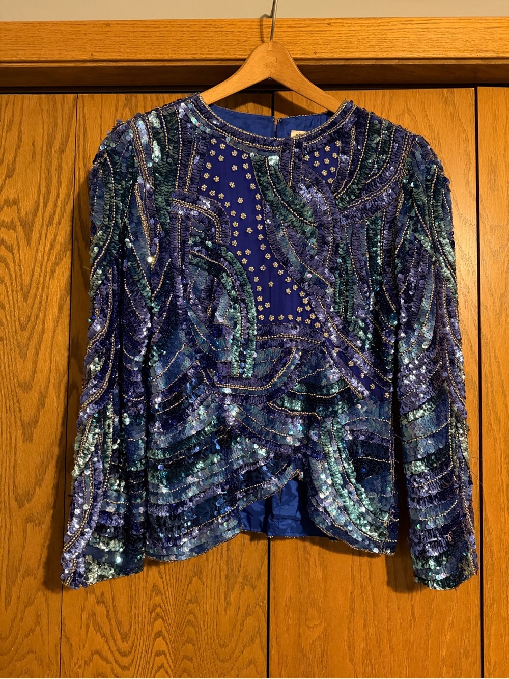 VTG 80s Black Tie He-Ro Industries Sequin Blouse 100% Silk Top Blue Green L